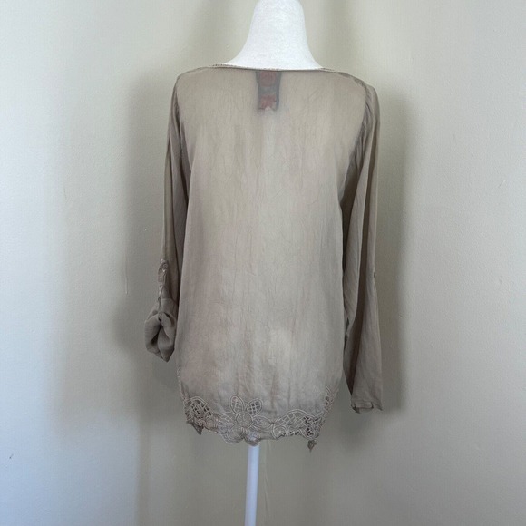 Johnny Was Embroidered Georgette Top Roll Tab Long Sleeve Small Grey Cupra Lace - Picture 3 of 13